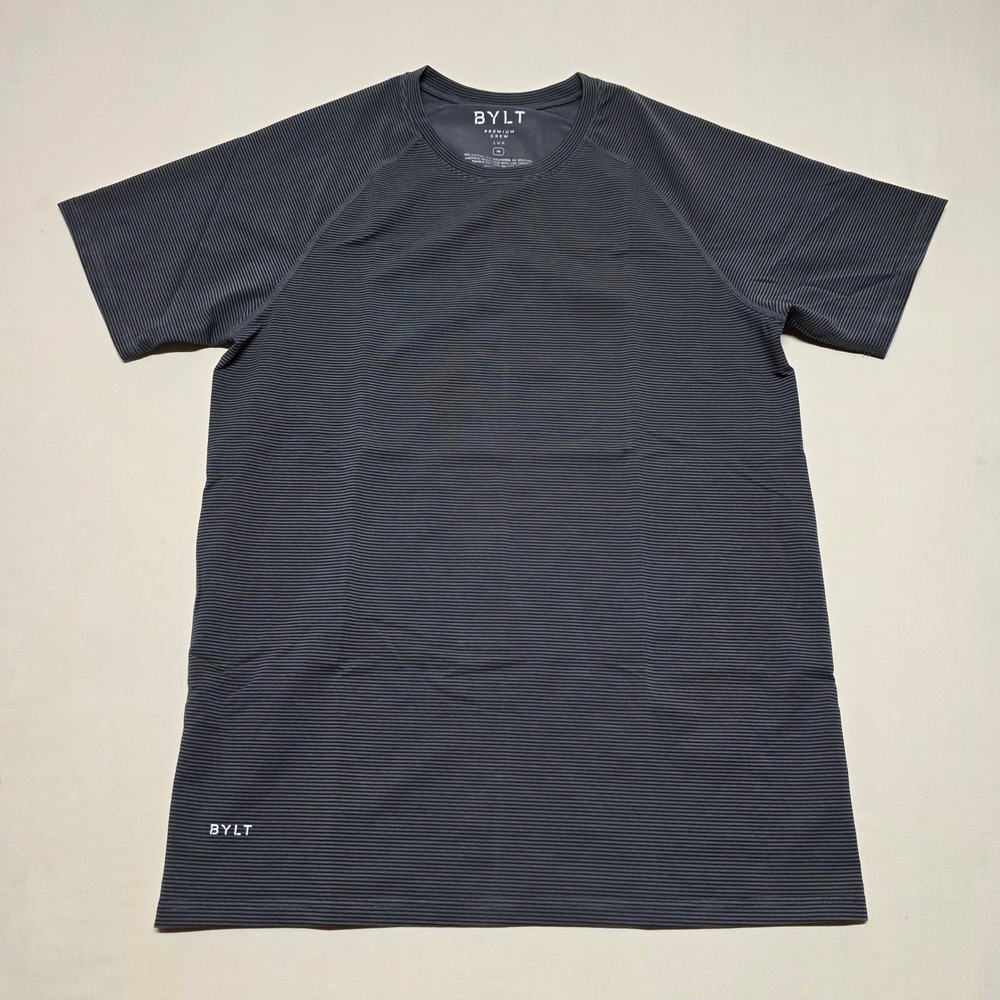 BYLT Basics Premium Crew Lux T-Shirt Men Medium Gray Striped T-Shirt Pullover